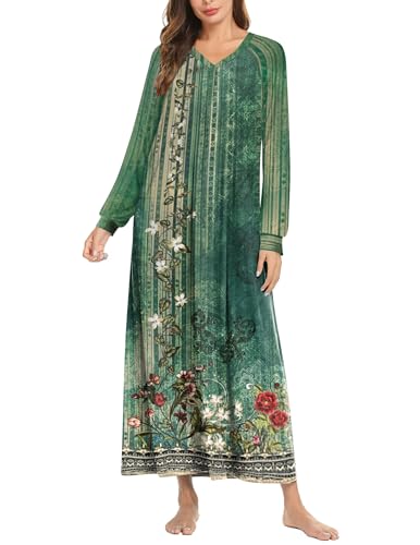 Ekouaer Nightgown Long Sleeve for Women Sleepwear V Neck Loungewear Button Full Length Nightshirt