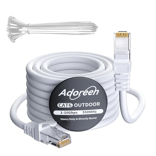 Image of Adoreen Cat 6 Outdoor Ethernet Cable 40 Ft White, High Speed Heavy Duty Long Internet Network Cable for POE Camera, Sturdy Waterproof Direct Burial+25 Ties