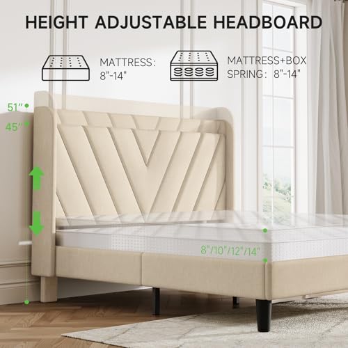 Image of koorlian Full Size Bed Frame, Full Bed Frame with Headboard, Adjustable Upholstered Bed Frame with Type-C&USB Port, Wingback Storage Headboard, Noiseless, No Box Spring Needed, Beige