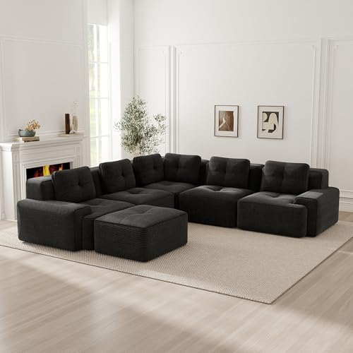 Gran sofá de rinconera convertible, sofá modular de 295 cm para 6 plazas con puf, sofá de rinconera en U, sofá cómodo de terciopelo acanalado efecto nube, combinaciones libres, sin necesidad de