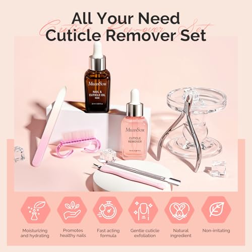 Image of MelodySusie Cuticle Remover Kit,25ML Cuticle Remover Cream and Rose Cuticle Oil,Cuticle Nipper Trimmer Pusher,Nail File and Brush for Cuticle Softener & Moisturize Manicure Kit for Nail Care