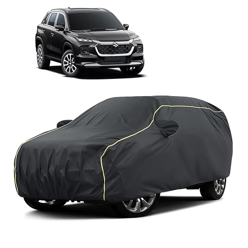 Image of Sulfar 100% Water Resistant Car Body Cover Compatible with Mirror for Maruti Suzuki Grand Vitara (Triple Stitched, Full Bottom Elastic, Dark Grey Taffeta with Yellow Piping)