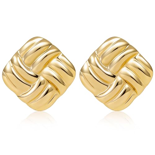 Gold Earrings for Women - Titanium Chunky Square Stud Earrings Vintage Statement Trendy Jewelry for Work, Party & Everyday Use (Gold)