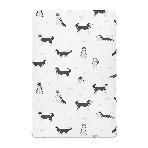 Image of Fitted Crib Sheets Cute Dogs Siberian Husky Stretchy Portable Playard Sheets for Baby Toddler, Breathable Soft Mini Crib Mattress 39 x 27 in for Boys and Girls