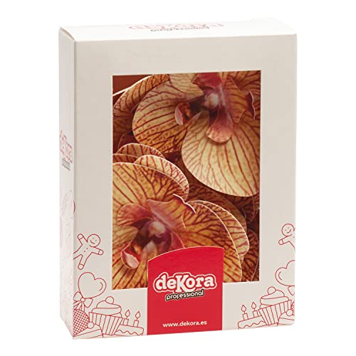 dekora – Flores Comestibles para tartas, 10 orquídeas naranjas de oblea 8.5 x 7.5cm, sin azúcar, sin gluten, sin lactosa, Adornos Comestibles para Tartas, Cumpleaños y Bodas
