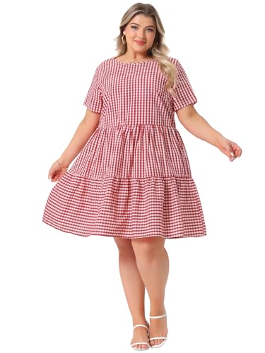 Image of Agnes Orinda Plus Size Gingham Dresses 1950s Vintage Plaid Round Neck Short Sleeve Tiered Midi Summer Dress