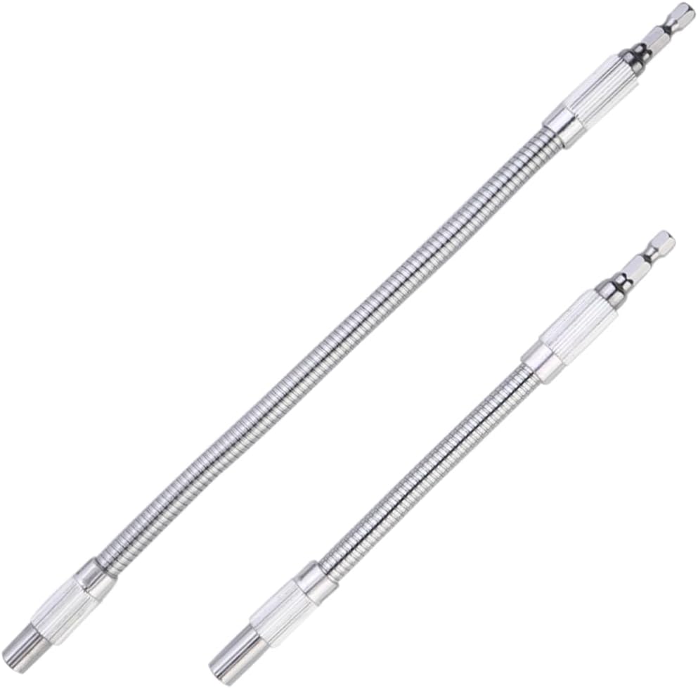 Metal Drill Bit Extension Adapters for Electric Screwdrivers, 2 Pack | Flexible Shaft Design, Hexagonal Bit Installation, Narrow Space Access, Silver Metal Finish, for Auto Repair