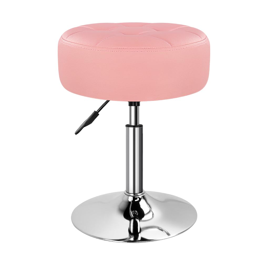 Pink 4.9-inch Thickened Vanity Stool Round PU Leather Swivel Height Adjustable Makeup Chair Ottoman for Bedroom Living Room SPA Salon Shop Small