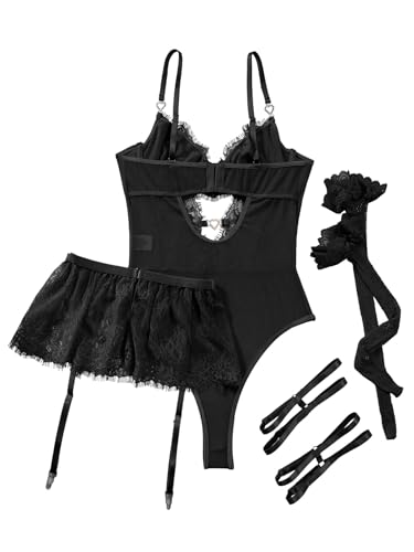 Image of Sexy Lingerie Set 3 Piece Women Corset Bodysuit Skirt | Rhinestone Heart Stocking Garter Plus Size Underwire Mesh Sheer Lace Push Up Babydoll Halloween Christmas Valentine's Bridal