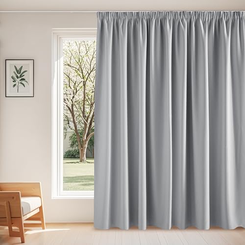 PONY DANCE Vorhang Verdunkelung Kräuselband Extra Breite Gardine Wohnzimmer Modern 1er Set H 245 x B 300 cm Silbergrau, Verdunklungsvorhänge für Schiene Thermovorhang gegen Hitze