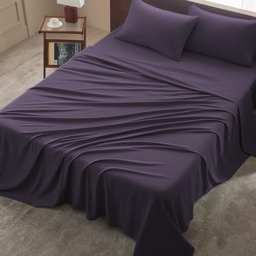 Image of Cal King 4 Piece Sheet Set - Comfy Breathable & Cooling Bed Sheets Set, Soft and Wrinkle Free, Deep Pockets, Easy & Secure Fit, Hotel Luxury Bedding - Oeko-Tex - Purple