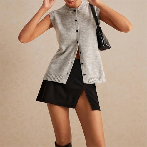 Image of Women Button Down Knit Sweater Vest Casual Loose Fit Crew Neck Sleeveless Button Front Knitted Sweater Cardigan