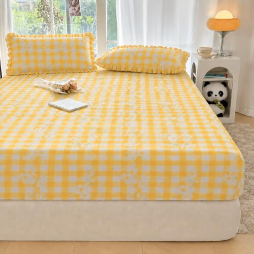 Image of VOMZER King Size (72x78) 300 TC Soft Cotton Feel Microfiber All Around Elastic Fitted Double Bedsheet with 2 Frill Pillow Covers | Yellow Check