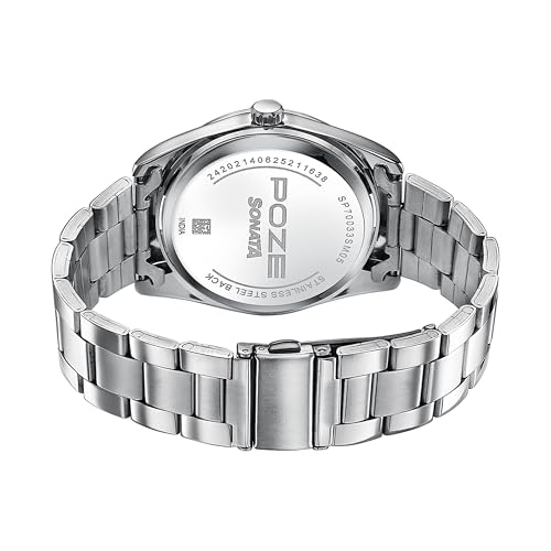 Image of Sonata Poze 6 Chrome Calling Quartz Blue Round Dial Men's Watch | SS Cut Edge Strap Material | Watches for Men Analog - SP70033SM05