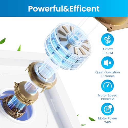 Image of Hon&Guan Bathroom Exhaust Fan, Quiet Square Bathroom Vent Fan 111 CFM, 1.0 Sones, Ceiling Mount Ventilation Fan, Bath Ceiling Fans, Exhaust Fan for Home Bath Hotel