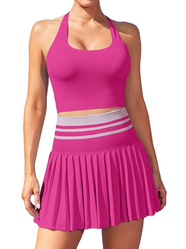 ATTRACO Tennis Sets for Women Outfit Racerback Casual Golf Workout Dress with Shorts Rose Red S