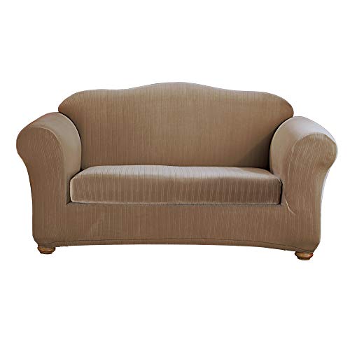 Sure Fit Stretch Pinstripe Box Cushion Loveseat Two Piece Slipcover, Form Fit, Polyester/Spandex, Machine Washable, Taupe Color #TOP12