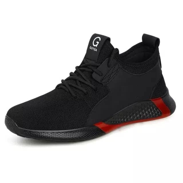 Image of BERKINS Men's Steel Toe Safety Shoes, Black and Red, Mesh and Microfiber Leather, Lace-Up, Lightweight for Work and Construction