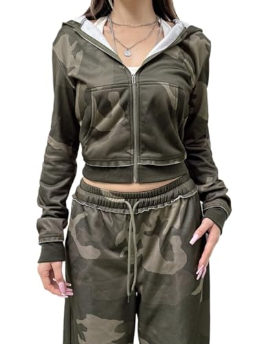 Best Rose Camo Two Piece Sets Zipper Jacket Loose Elastic Waist Drawstring Pants Streetwear Low Waist Lounge Tracksuit, Army Green Jacket, Small