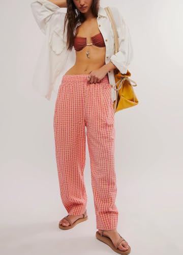 chouyatou Women's Casual Plaid Straight Leg Pant High Waisted Gingham Cropped Palazzo Pants2