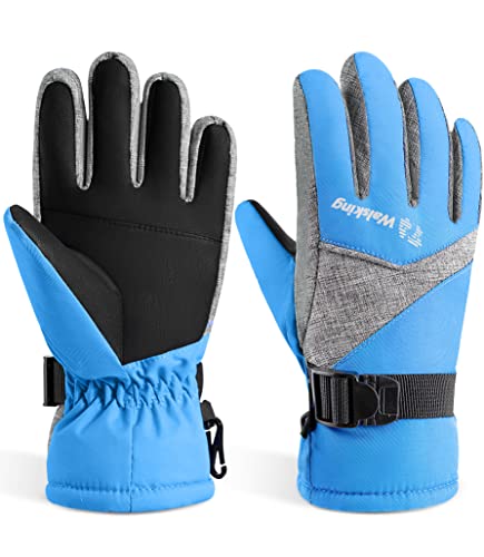 Walsking Kids Winter Gloves, Snow Waterproof Ski Cold Weather Insulated Outdoor Snowboard Thinsulate Gloves For Boys Girls Youth(Blue,Large(Fits:12~14Years Old)) #TOP25