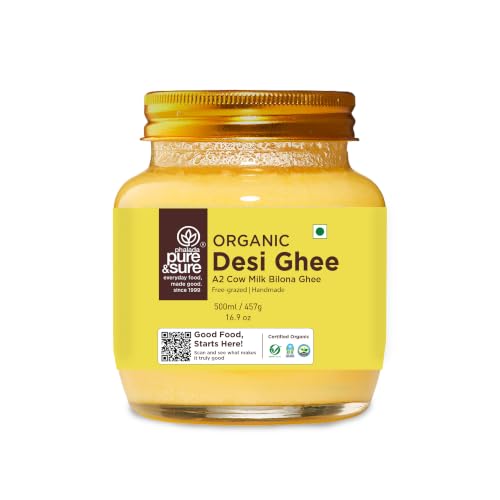 Image of Pure & Sure Organic A2 Desi Ghee 500 ML | 100% Pure Cow Ghee | Made by Traditional Bilona Method | Curd-Churned | Natural Immunity Booster & Other Benifits (Glass Jar)