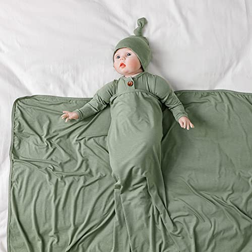Bayceen Large Rayon Jersey Knitted Swaddle Blanket For Baby, Soft Stretchy Receiving Blanket For Newborns With Hat, Large 47 X 47 Inches (Sage) #TOP6
