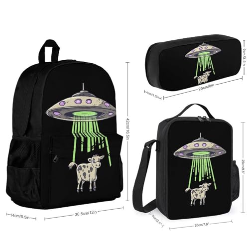 Printed Spaceships And Cows Backpack 3 Set with Lunch Bag Insulated Shoulder Meal Tote Bags Pencil Case Box Casual Daypack2