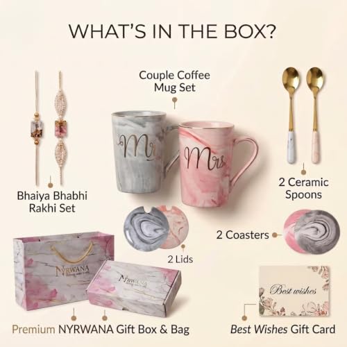 Image of NYRWANA Coffee Mug, Wedding Gift for Couples, Rakhi for Brother and Bhabhi with Gift, Mr & Mrs Set of 2 Coffee Mugs, Lids, Golden Spoon, Bag, Box, Pink Rakhi with Tilak and chawal (380ml-Ceramic)