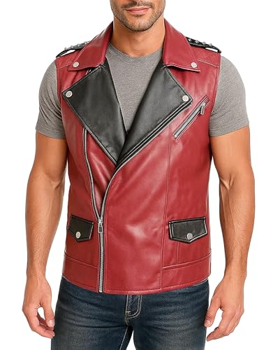 LP-FACON Mens Spikes Studded Rock Punk Red Leather Vest Motorcycle Brando Biker Leather Jacket Real/Faux2