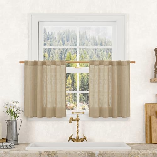 LAMIT Semi Sheer Short Linen Curtains 24 Inch Long, Light Filtering Panels Back Tab and Rod Pocket Neutral Drapes for Cafe/Bathroom/Small Window, Brown, 2 Panels, 34 x 24 Inch
