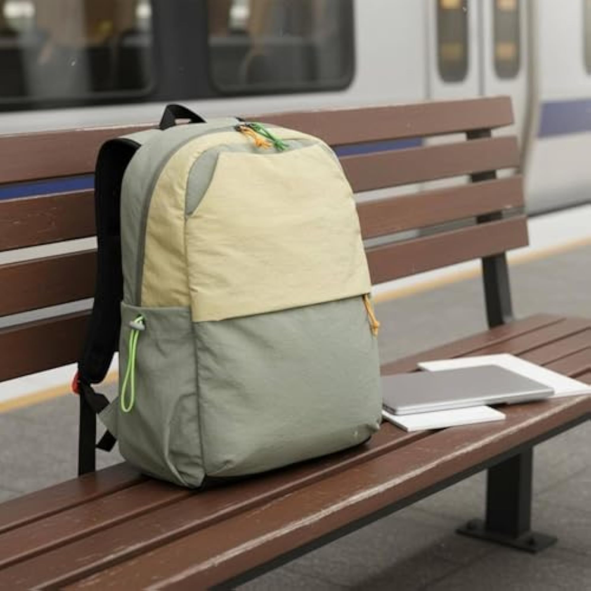 Crinkled Patchwork Two-Tone Nylon Backpack, Yellow