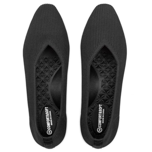 Frank Mully Women's Square Toe Knitted Flats Breathable Lightweight Slip-On Shoes with Arch Support for All-Day Comfort Black