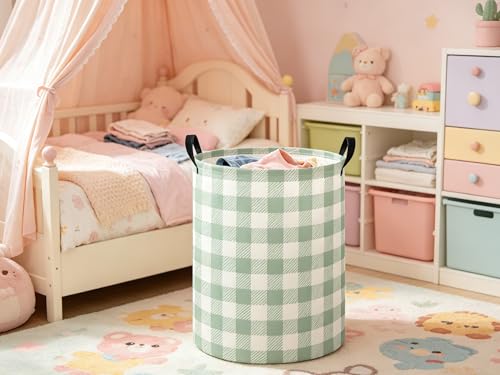 Image of Baby Laundry Hamper kids laundry Basket Waterproof Laundry Bag for Bedroom Clothes Organizer Room Decor(Green Checkered)