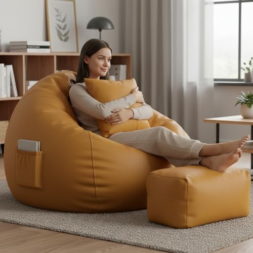 Image of Luxury 5XL Jumbo Bean Bag with Footrest & Cushion | Premium Leatherette | High-Density Beans Filled | Heavy Duty Double Stitch | 6 Months Warranty Color- (Navy Blue) (Yellow)