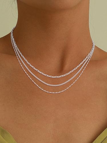 Gold/Silver Necklaces Stack For Women, 14K Gold/Sterling Silver Plated Layered Choker Necklace Set, Stackable Multilayer Simple Cuban Snake Paperclip Chain Set Jewelry Gift for Women4