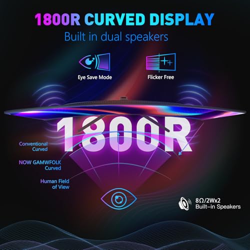 Image of 24-inch Curved Gaming Monitor, FHD 180Hz 1ms Computer Monitor, 1800R, AMD FreeSync & G-Sync Compatible, HDMI DP VESA Built-in Speakers