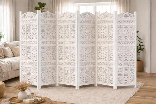 Image of Home & Goods International Wooden Room Divider Partition - Foldable Screen Separator for Living Room, Bedroom, Office, Restaurant || Kangra Badrun Design, White (6 Panel)