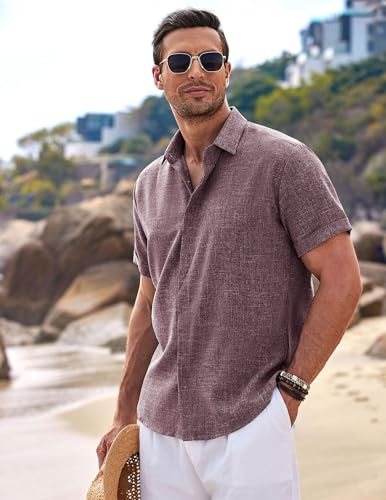 Image of COOFANDY Men's Linen Shirts Short Sleeve Casual Shirts Button Down Shirt for Men Beach Summer Wedding Shirt