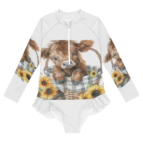 Cute Highland Cow Sunflowers Basket Girls Long Sleeve Swimsuit Rashguard Swimwear One Piece Bathing Suit 21220219