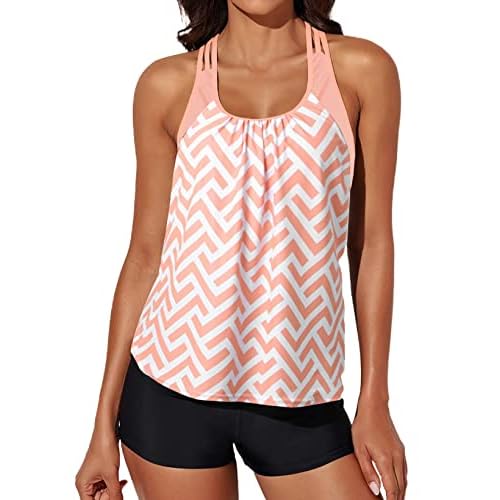 Aleumdr Womens Blouson Striped Printed Push up Strappy T-Back Tankini Top with Shorts(Available in Plus) Regular X-Large Pink 1010