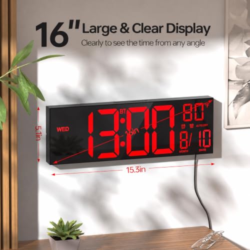 Image of JALL 16.1 inch Large Digital Wall Clock with RGB Lights, Digital Clock with BT Sync, Clocks for Living Room, Wall Clock with Auto DST, Temperature for Classroom (Red)