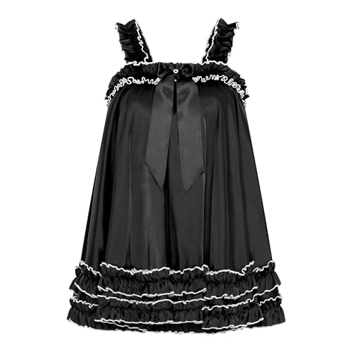 Image of Satini Lingerie Satin Sissy Ruffle Hem Frilly Babydoll Dress Negligee Feminine Cosplay