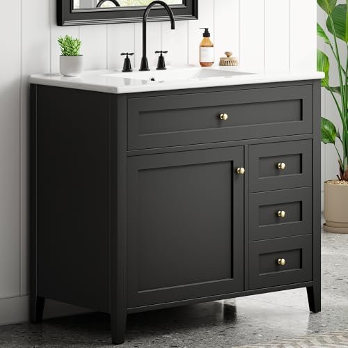 Image of 36 inch Bathroom Vanities with Top Set, Cabinet with Right-Side Multi-Functional Tip-Out Drawer and Adjustable Shelf, Soft-Closing Door, Solid Wood Legs, Black