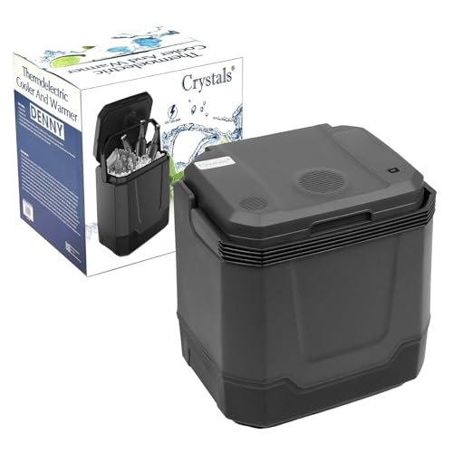 Crystals 33L Electric Cool Box for Car & Home - Hot & Cold Thermoelectric Cooler 12V DC & 240V AC Portable Camping Fridge for Travel Picnic Office Boat (33L Grey)
