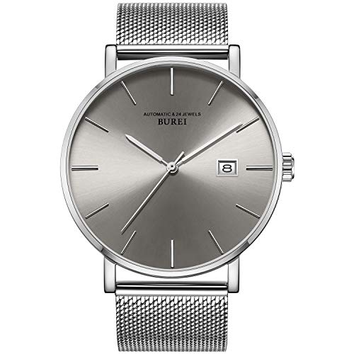 Preisvergleich Produktbild BUREI Herren Mechanische Uhren Stilvolle, ultraschlanke, graue Analoguhr mit Datumsanzeige aus Saphirglas und silbernem Edelstahlgitter
