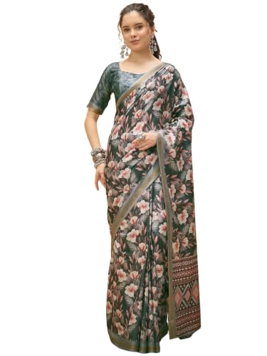 Image of Satrani Women's Floral Printed Silk Saree with Unstitched Blouse