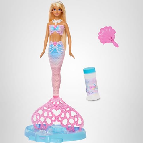 Barbie Bubble Sparkle Meerjungfrau-Puppe mit Seifenblasenfläschchen und -lösung, Tablett und Bürste, extralanges Blondes Haar mit Farbsträhnchen, JLW56