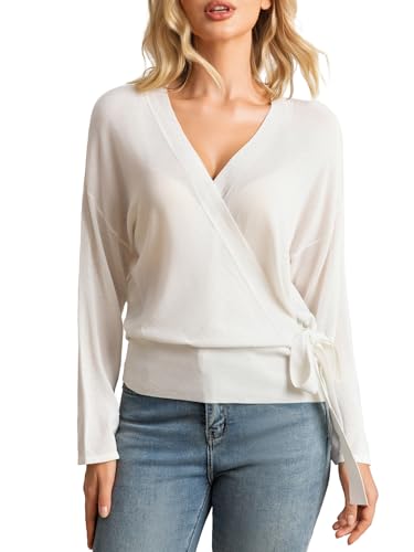 LANSALIRO Women's Lightweight V Neck Sweater Tops Long Sleeve Loose Fit Wrap Pullovers Tie Side Shirts Beige