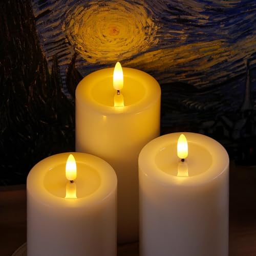 Image of Yeelida Remote Flameless Flickering Pillar Candles with Candle Grease Effect,Pack of 3 White LED Battery Oprated 2 /4 /6 /8 Hours Timer Real Wax Electric Candles(3x4,5,6 Inches)